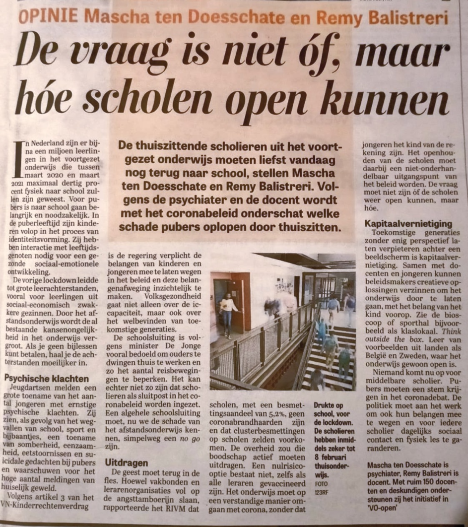 Het bijbehorende krantenartikel "Het is niet de vraag óf, maar hóe de scholen open kunnen".